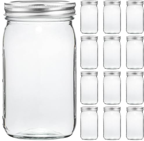 Ltzmcmy Mason Jars 32 oz,12 Pack Quart Mason Jars Wide Mouth With Lids,32oz Glass Canning Jars for Centerpieces,Food Storage,Meal Prep,Overnight Oats,Fermenting