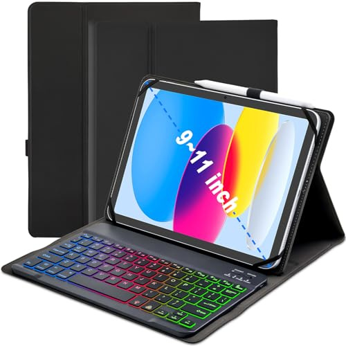 XCHYTECHER Universal Tablet Keyboard Case for 9.7,10.1,10.2,10.5,10.9,11 iPad Samsung Fire Pixel Android 10.1 inch Tablets, 7 Color Rainbow Backlit Removable Keypad with Pen Holder (Black)
