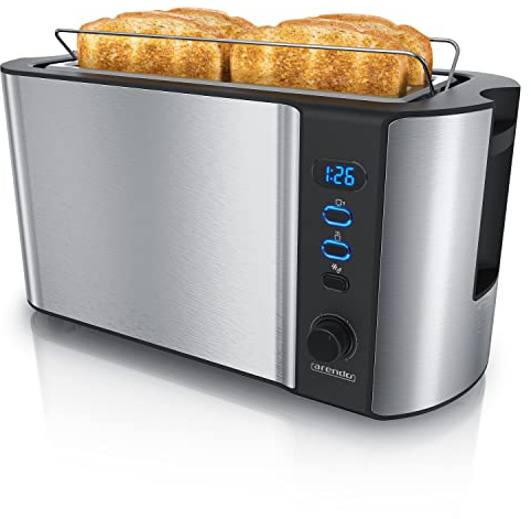 Arendo - Toaster 4 Scheiben Langschlitz Edelstahl - Defrost Funktion - wärmeisolierendes Gehäuse - mit integrierten Brötchenaufsatz - 1500W - Krümelschublade - Display mit Restzeitanzeige - Silber