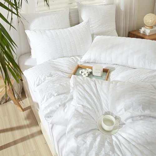 YASMENG Seersucker - Ropa de cama de 220 x 240 cm, diseño a rayas, color blanco, 3 piezas, suave y transpirable, microfibra, funda nórdica con cremallera y 2 fundas de almohada de 80 x 80 cm