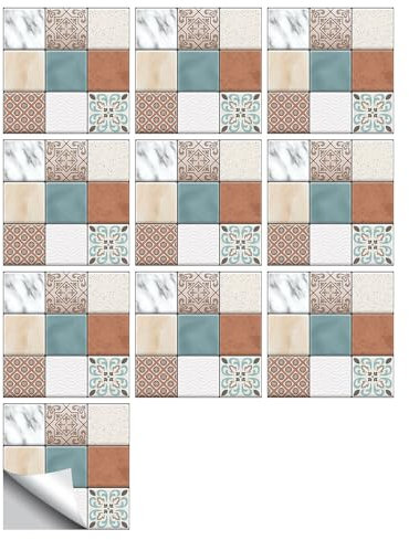 Fliesenaufkleber Farbiges Blumenmosaik Selbstklebende Klebefliesen, Wandfliesen Aufkleber,Wasserdicht Fliesensticker Fur Kuche Badezimmer Dekorative Stickerfliesen,Wohnzimmer Dekoration15X15Cm
