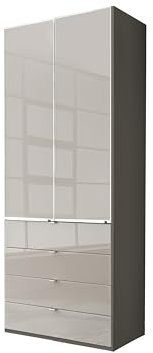 WIEMANN Drehtürenschrank mit 4 Schubkästen hochwertiger Kleiderschrank Schlafzimmerschrank 100cm breit, mit Schubladen, Glas Kieselgrau, Korpus Havanna, Höhe 216cm, Shanghai