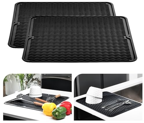 KitchenRaku 2 Pezzi Tappetino scolapiatti 30x40cm, Resistente al calore,Sottobicchieri in silicone antiscivolo, Presine, Tovaglietta, Ripiano per cucchiai (Nero)