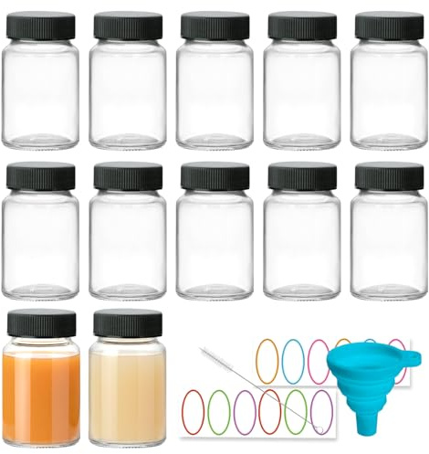 4oz Glass Shot Bottles 12 Pack, Black Screw Caps for Juicing Samples