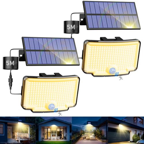 nipify 2 Stück Solarlampen für Außen mit Bewegungsmelder, 318 LED 3 Modi Solar Aussenleuchte IP65 Wetterfest, Weitwinkelbeleuchtung Warmweiß Solarleuchte Wandleuchte für Outdoor Garten