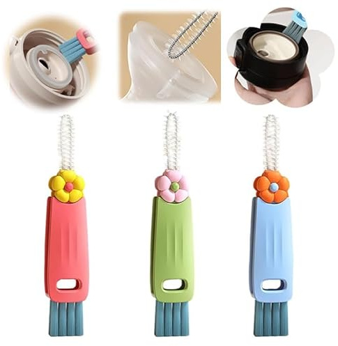New 3 in 1 Cup Lid Cleaning Brush, Multifunctional Lid Cleaner Brush for Baby Bottle Gap Tight Spaces Cup, Portable Crevice Cleaning Brush Set (A-3 Colors)