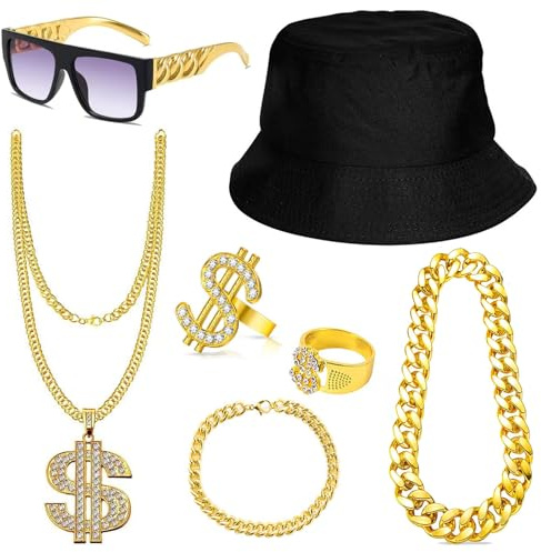WanderGo 7 Stück Hip Hop Kostüm Herren Damen, 70er 80er 90er Jahre Rapper Outfit, Zuhälter Kostüm mit Gold/Schwarzer Hut, Sonnenbrille, Disco Kette, Kettenarmband, Dollar Ringe für Karneval Halloween