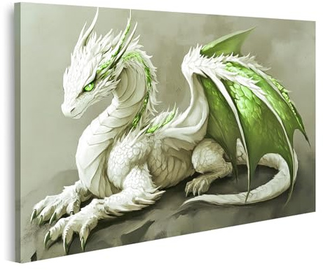 islandburner Bild auf Leinwand Weißer Drache mit grünen Akzenten für Wohnzimmer Fantasy-Liebhaber Kunstgalerie Bilder Wandbilder Poster