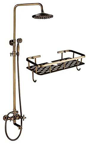 Shower Head Antique Brass Shower System with Rainfall Shower Head and Handheld Shower, Wall Mounted Adjustable Double Cross Handle Shower Combo Set for Bathroom Renovation Shower ui