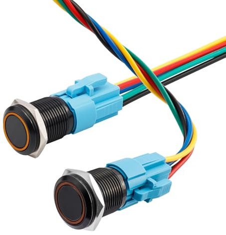 Treki 16MM Interruptores de Botón con Enchufe de Cable LED Interruptor Pulsador Momentáneo ON/Off Interruptor Pulsador Metálico Impermeable IP65 12V 3A Amarillo