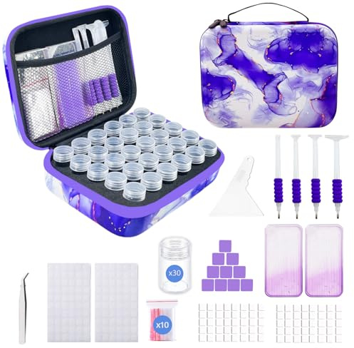 SuSentak Diamond Art Storage Containers with Dot Drill Tools,30 Slots Bead Organizer Case for 5D DIY Art Kits, Portable Craft Box for Diamond Painting Accessories (Purple)