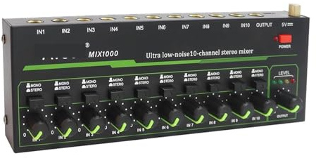 Consola de Mezclas, Mezclador de 10 Canales - Mini Mezclador estéreo de 10 Canales, bajo Nivel de Ruido for submezclas precisas, Entrada/Salida TRS de 1/4 for micrófonos Interfaz de Audio