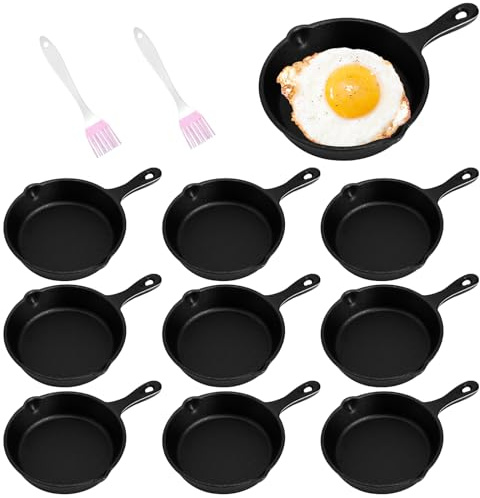 10 Pack Mini Cast Iron Frying Pan for Egg, 10 cm Small Cast Iron Skillets Bulk with 2 Oil Brushes, Pre-seasoned Oven Safe Individual Cookie Saucepans for Kitchen Baking Cooking Indoor Outdoor Camping