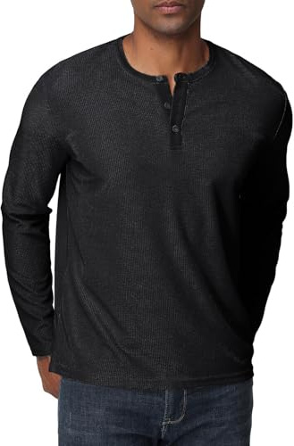 Långärmad tröja för män, Henley-skjorta, våffel, män, fritidsskjorta, 3-knapp, klassisk Henley-t-shirt med rund hals, svart, S