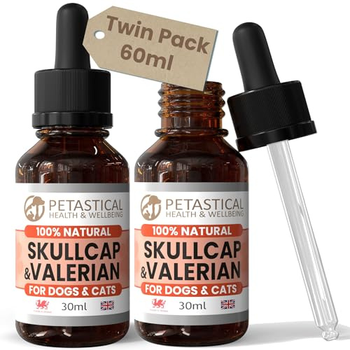 Petastical Skullcap Baldrian, Katze Hund Beruhigend, Angst Beruhigende Tropfen, Allein zu Hause, Bellen, Laute Geräusche, Feuerwerk, Reisen (60ml)