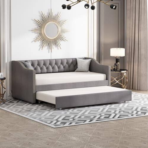 Ausziehbares Tagesbett mit Holzlattenrost, Polsterbett Ausziehbares Schlafsofa 90/180x200cm, Einzelbett/Doppelbett mit Lattenrosten,Multifunktionsbett,Schlafsofa für Erwachsene 2 Personen (Grau B)