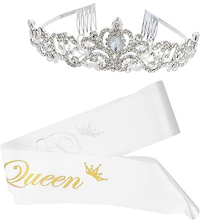 Mikinona 2 Stück Teiliges Set Krone und Schärpe für Hochzeiten und Abschlussfeiern Glänzender Haarschmuck für Partys und Kostüme für Besondere Anlässe