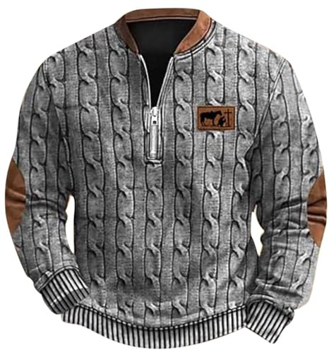Generisch Pull Hommes Mode Hommes Grande Taille Décontracté Impression Numérique 3D Pull Tricoté Tissu Demi-Fermeture Éclair Col Rond Pull à Capuche Hommes Sweatshirts Robe, Gris clair., 5XL