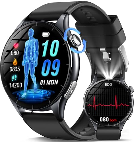 Marsyu 2026 Neue 1.56''AMOLED Smartwatch Herren mit EKG/Blutdruck/BMi | Rund Gesundheitsuhr mit 24h SpO2/Körpertemperatur/Pulsuhr, SOS-Notruf Fitnessuhr für iOS Android