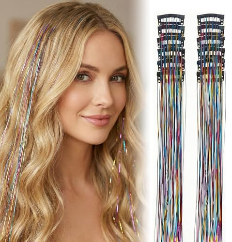 12 Pcs Hair Tinsel Clip In, 20Inch Tinsel Hair Extensions Colored Hair Glitter Strands Sparkly Fairy Colourful Highlights Festival Party Accessories for Women Girls Kids(Mixed Colors)