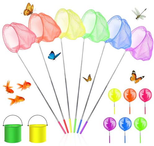 8 Pack Fishing Nets for Kids, 6 Colours Extendable Fishing & Butterfly Nets | with 2 Foldable Water Buckets Set | Telescopic Butterfly Net | From 37 to 85cm | for Beach Pond Pool Catching Fish Crab
