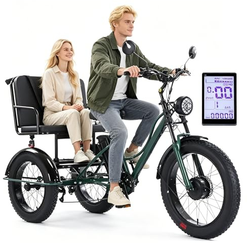 Triciclo Eléctrico De 24 Pulgadas Con Neumáticos Anchos Y Asiento Para Pasajero, 48 V/18 Ah Electric Tricycle, Carga MáXima: 150 Kg, Pantalla Lcd Y Faro Delantero, Para Ciudad Y MontañA. Green