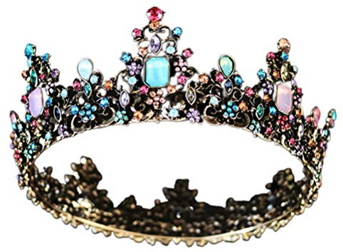 minkissy Large Crown, Colorful Rhinestone Crystal Round Crown Vintage Bronze Alloy Tiara for Wedding Party Cosplay Birthday