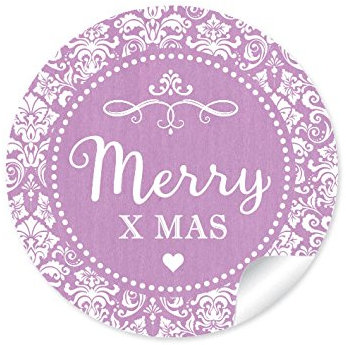 72 STICKER: MERRY X MAS Etiketten im Retro-Vintage-Style in dunkel lila mit Herz & Ornamente • Für Weihnachtsgebäck, Gastgeschenke, Weihnachtsgeschenke/Tischdeko zu Weihnachten • 4cm, rund, matt
