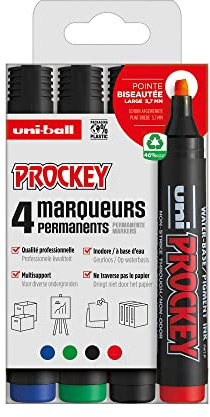 Uni Prockey - UNI-BALL - Uni Mitsubishi Pencil - Marqueur Permanent Inodore PM126 - Multisupport, Base Eau, Sans Odeur - Pointe Biseautée Large 5,7 mm - Emballage Zéro Plastique - Lot de 4 Couleurs