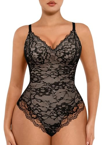 FeelinGirl Shapewear Bodysuit Women Tummy Control Lace Shapewear V Neck Backless Tank Top Thong Body Shapewear Black M