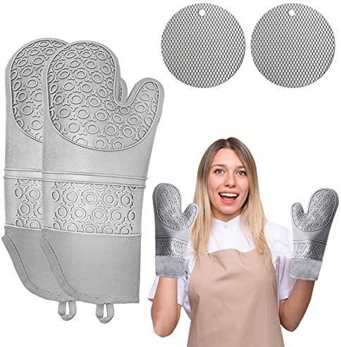 Phantasy® Ofenhandschuh und Topflappen Set, 260℃ Hitzebeständige Topfhandschuhe, Anti-Rutsch Silikon und Baumwolle Topfhandschuhe 1 Paar für Küche, Backofen, Mikrowelle, Hellgrau