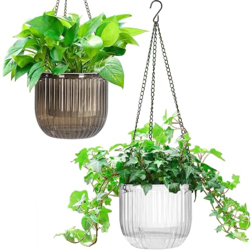 Melphoe Selbstbewässernde hängende Pflanzgefäße für den Innenbereich, 16,5 cm, Hängepflanzenkorb, Pflanzenhänger mit 3 Haken, Drainagelöchern für Garten, Haus, Grau und Weiß, 2 Stück