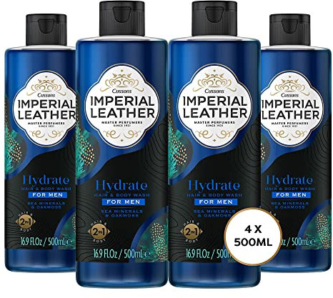 Imperial Leather Hydrate Men Shower Gel 2in1 Hair and Body Wash, Sea Minerals and Oakmoss, Vegan and Cruelty Free Shower Gel, Bulk Buy, Pack of 4 x 500 ml
