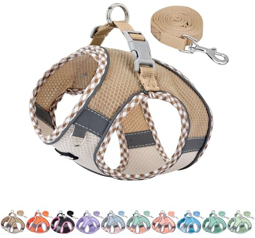 AIITLE Harnais pour Chien Anti-évasion, Gilet Anti-Traction avec Laisse, Maille Respirante, Bandes réfléchissantes, Harnais d'extérieur réglable pour Chiens de Taille Moyenne Marron-Beige M