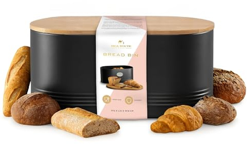 Silk Route Home Black Metal Bread Bin with Acacia Wood Lid - Stylish Kitchen Storage & Cutting Board - Rust-Proof, Compact Countertop Bread Box
