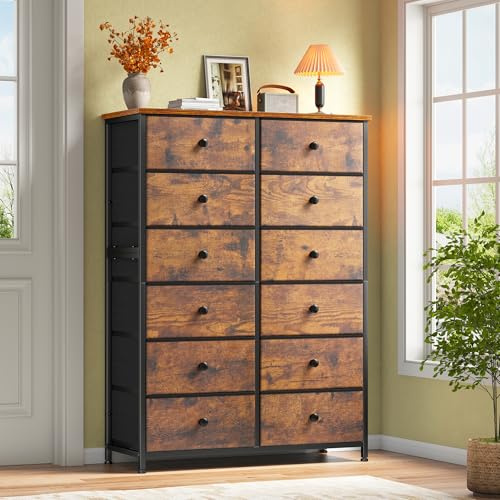 EnHomee Tall Chest of Drawers Bedroom,12 Fabric Drawers, 133CM Bedroom Chest of Drawers Dresser with Wood Top & Metal Frame, Large Space-Saving Dresser Organizer for Bedroom，Closet, Hallway