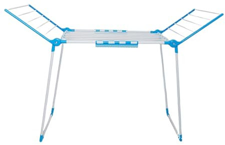 acfeco Wäschetrockner Ständer, Wäscheständer Platzsparend Balkon, Flügelwäschetrockner Metall, Zusammenklappbar, mit sockenhalter, für Kleidung, Handtücher, 154x59x108cm, Blau