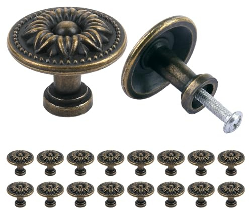 18Pcs 30mm Antique Brass Cabinet Knobs, with Screws, for Cupboard Wardrobe | Vintage Drawer Handles, Round Furniture Pull, for Home Decoration, Beautify the Interior Environment
