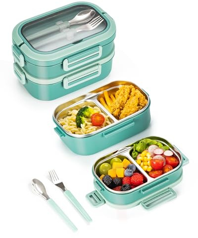 Lille Home Stainless Steel Lunch Box, 2-Tier Leakproof Bento Box, BPA Free | 1650ml, Food Snack Container with Compartments, Divided Food Storage Great for Office, Gym & Outdoor Meal Prep