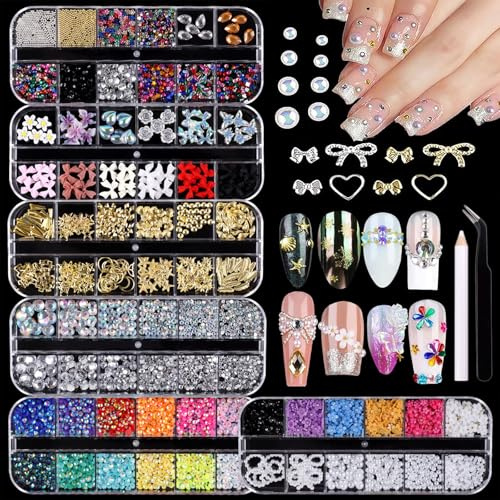 poraceous 6 låda med berlocker för naglar, nageldekor, metallkonstdekorationer, guldpärlor, strass hängen, flerfärgade nagelberlocker, rosett, 3D pentagram hjärta