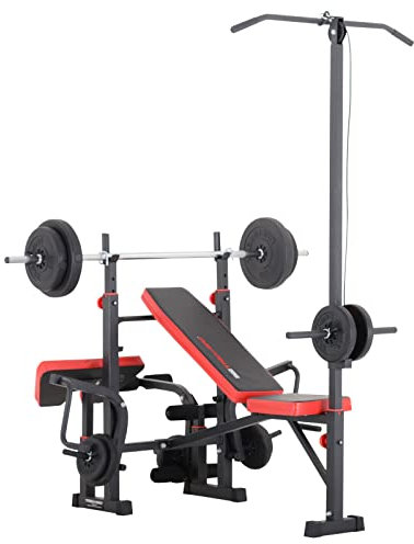 TrainHard Multifunktion Hantelbank Kraftstation Fitnessstation inkl. Latzug Butterfly Armcurl mit Langhantel Kurzhantel Curlstange Hantelscheiben Gewichten bis 150 kg (+ 50 kg Langhantel)