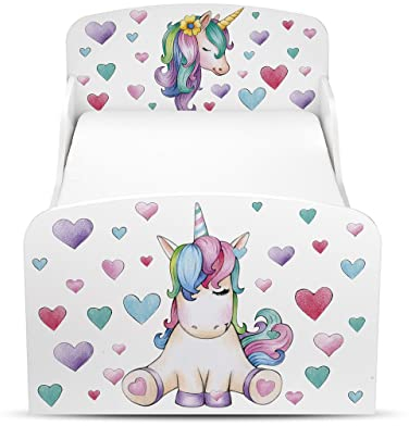Leomark Letto per bambini in legno, lettino con materasso, magnifiche stampe, spazio per dormire 140x70 cm, mobili per bambini, rete a doghe, atrezzatura stanza per bambino, motivo: UNICORNO