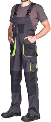 Mens Bib and Brace Overalls, Dungarees Men Black, Big Sizes, Work Trousers for Man, Knee Support with Knee Pads Pockets, Kneepad, Mens Work Trousers, Work Pants, Heavy Duty, Black/Green, 60-W44