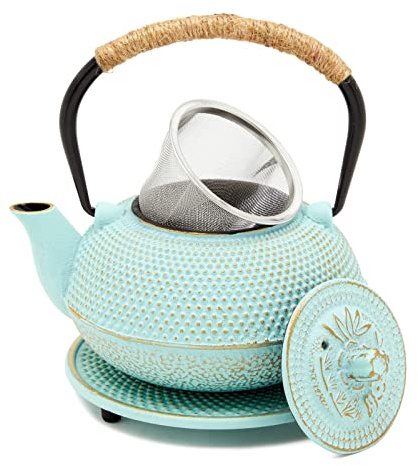 Juvale Tetera de hierro fundido con infusor – Tetera japonesa, hojas sueltas Tetsubin con mango y salvamanteles (verde, 3 unidades, 18 onzas, 500 ml)