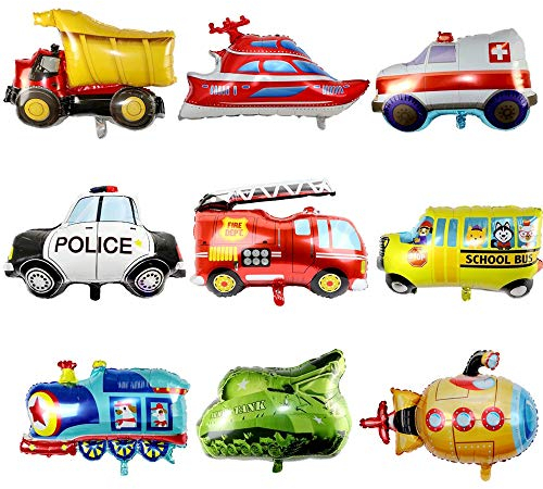 9 Grandi Pellicole Modellate per Auto, Palloncini per Feste, Dimensioni Varie, per Bambini, Costruzione, Fuoco, Polizia e Veicoli