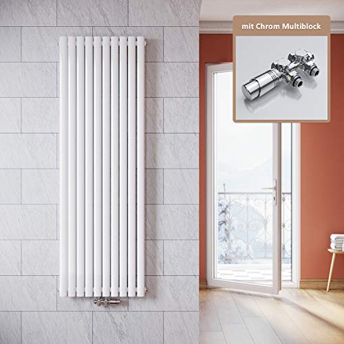 ELEGANT - Moderno radiatore verticale a pannello con termostato multiblocco, 1800 x 590 mm, bianco, piatto, doppio strato, collegamento centrale