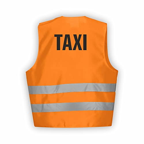Fassbender-Druck WARNWESTEN - Sicherheitsweste ORANGE Warnweste nach EN ISO 20471 zertifiziert - Warn Weste TAXI - Unisex mit hochwertigem Reflektorstreifen (ORANGE I XL/XXL I 5er Set)