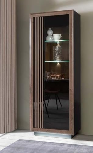Forte Savona Vitrine R 70 75, Moderne Vitrine mit 1 Tür, Vitrinenschrank Wohnzimmer, Holzwerkstoff, Schwarz/Edeleiche Holzdekor/Schwarz Hochglanz, 73,3 cm breit x 197 cm hoch x 42,3 cm tief
