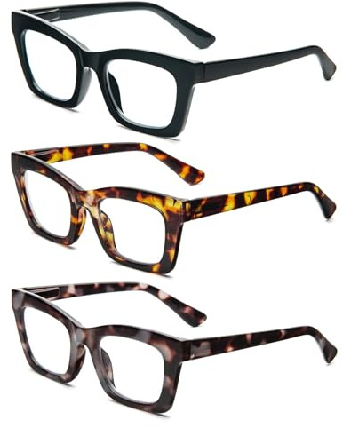 MMOWW 3 Pacco Occhiali da Lettura Donna Rettangolari - Oversize Square Frame Anti Luce Blu Occhiali +1.0