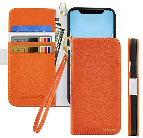 Butnyeoe Handyhülle für iPhone 11 Pro Klappbar Hülle,Litschi Textur Leder Wallet Schutzhülle Tasche Flip Cover Case,Magnetic Closure Klapphülle mit Kartenfach Standfunktion,Orange